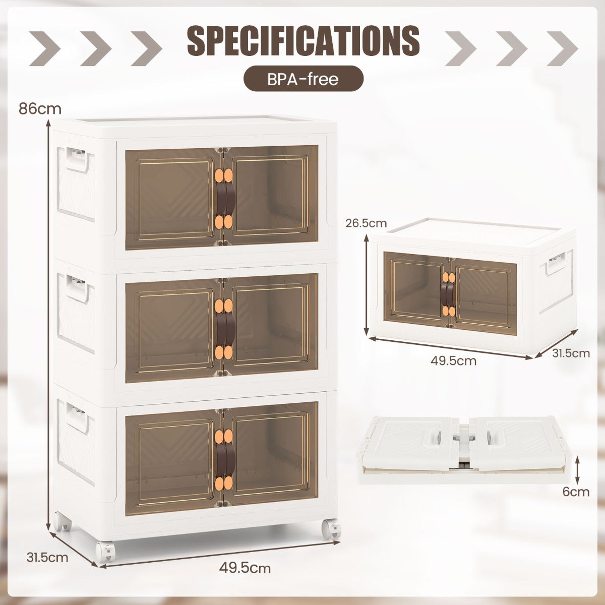 LIVSK Opvouwbare Stapelbare Opbergkast - Grote Capaciteit - Handige Deuren met Magneten - 4 Vergrendelbare Wielen - Wit + Bruin