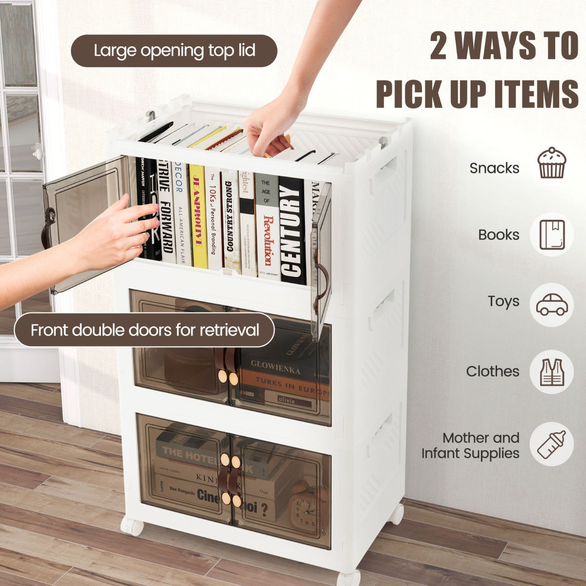 LIVSK Opvouwbare Stapelbare Opbergkast - Grote Capaciteit - Handige Deuren met Magneten - 4 Vergrendelbare Wielen - Wit + Bruin