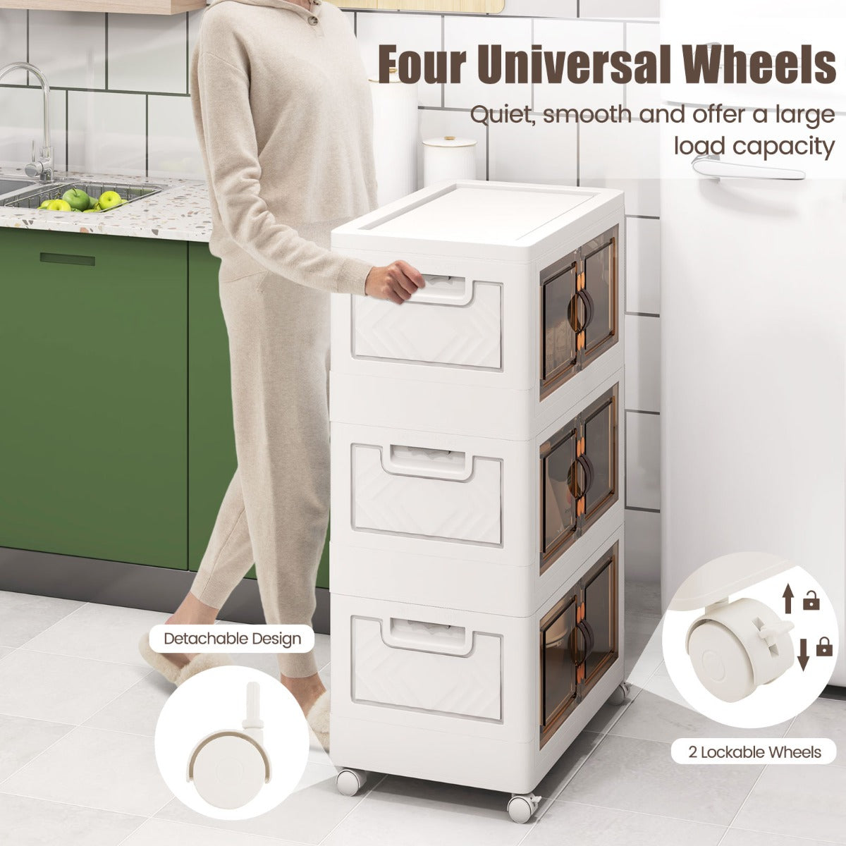 LIVSK Opvouwbare Stapelbare Opbergkast - Grote Capaciteit - Handige Deuren met Magneten - 4 Vergrendelbare Wielen - Wit + Bruin