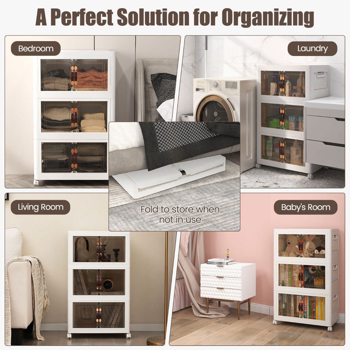 LIVSK Opvouwbare Stapelbare Opbergkast - Grote Capaciteit - Handige Deuren met Magneten - 4 Vergrendelbare Wielen - Wit + Bruin