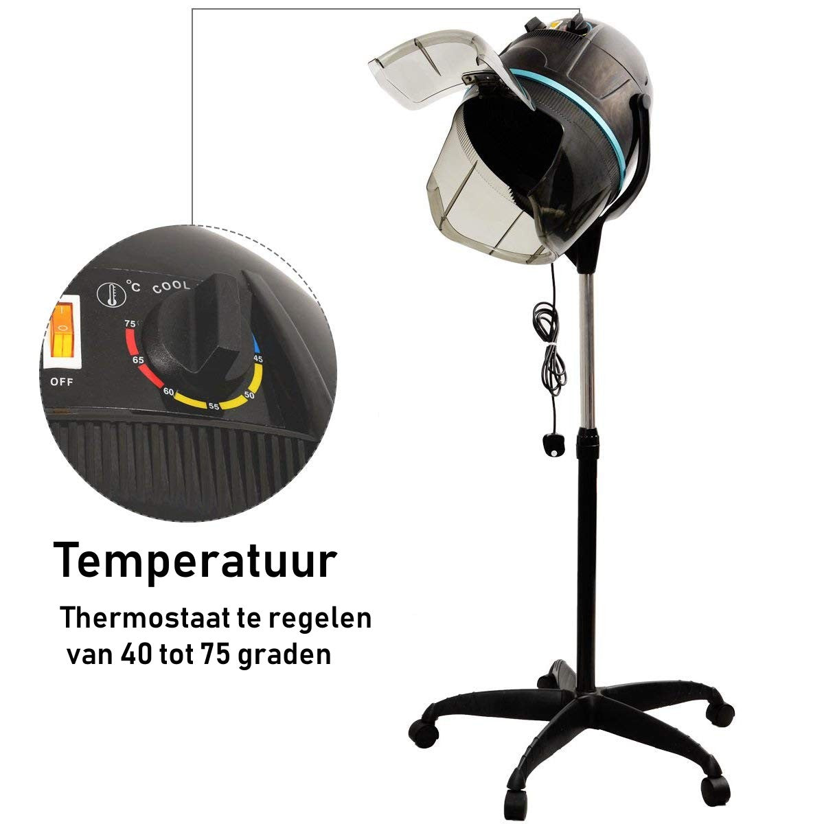 LIVSK Föhn met Opstaande Kap 1050 W - Instelbare Temperatuur 40-75°C - Verstelbare Hoogte 125-160 cm - Handenvrij - Zwart