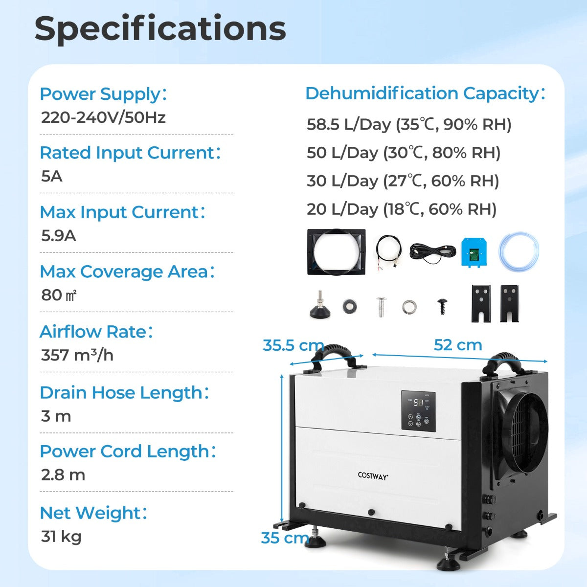 LIVSK Professionele Luchtontvochtiger 58,5 L/Dag - 3 Standen - 24-Uurs Timer - Voor Ruimtes tot 80 m² - Blauw/Wit