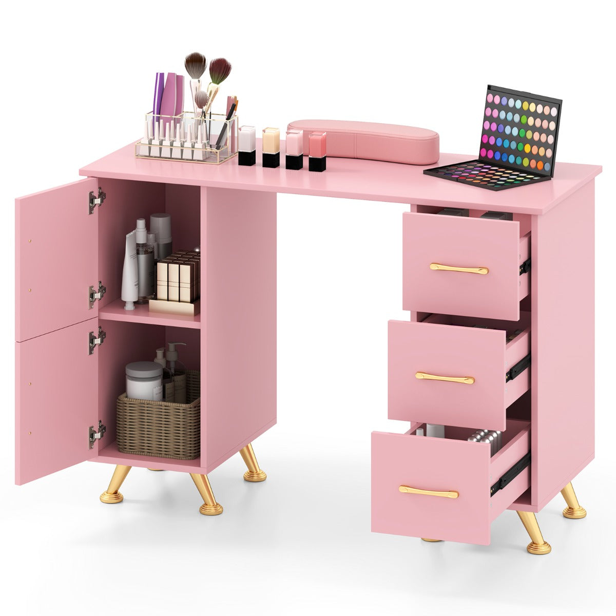 LIVSK Manicuretafel met Polssteun - 2 Kasten - 3 Lades - Acetonbestendig MDF - Stabiele Metalen Poten - 108 x 45 x 76 cm - Zwart