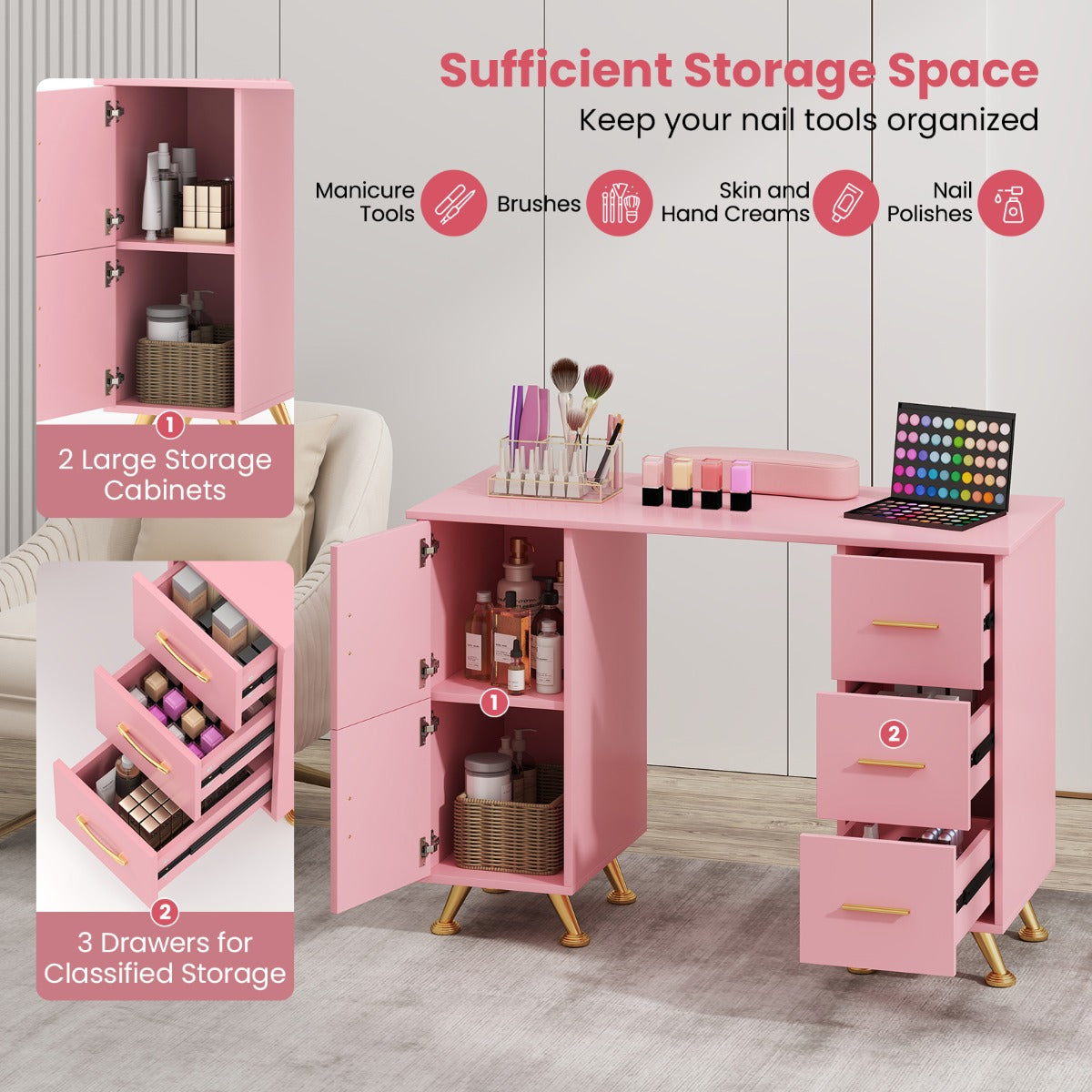 LIVSK Manicuretafel met Polssteun - 2 Kasten - 3 Lades - Acetonbestendig MDF - Stabiele Metalen Poten - 108 x 45 x 76 cm - Zwart