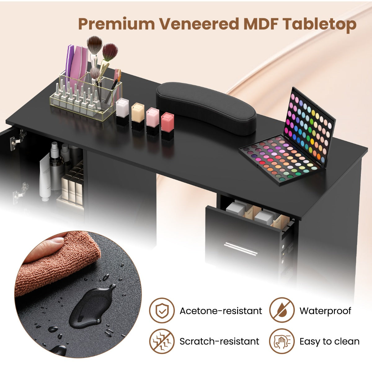 LIVSK Manicuretafel met Polssteun - 2 Kasten - 3 Lades - Acetonbestendig Blad - Metalen Poten - 108 x 45 x 76 cm - Zwart