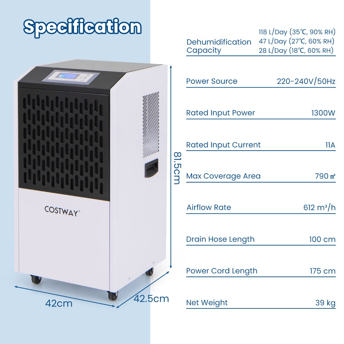 Livsk costway professionele vochtigheids en ventilatiecontrolekit met witte ontvochtiger 118 l dag en ventilator met 3 snelheden 185 3