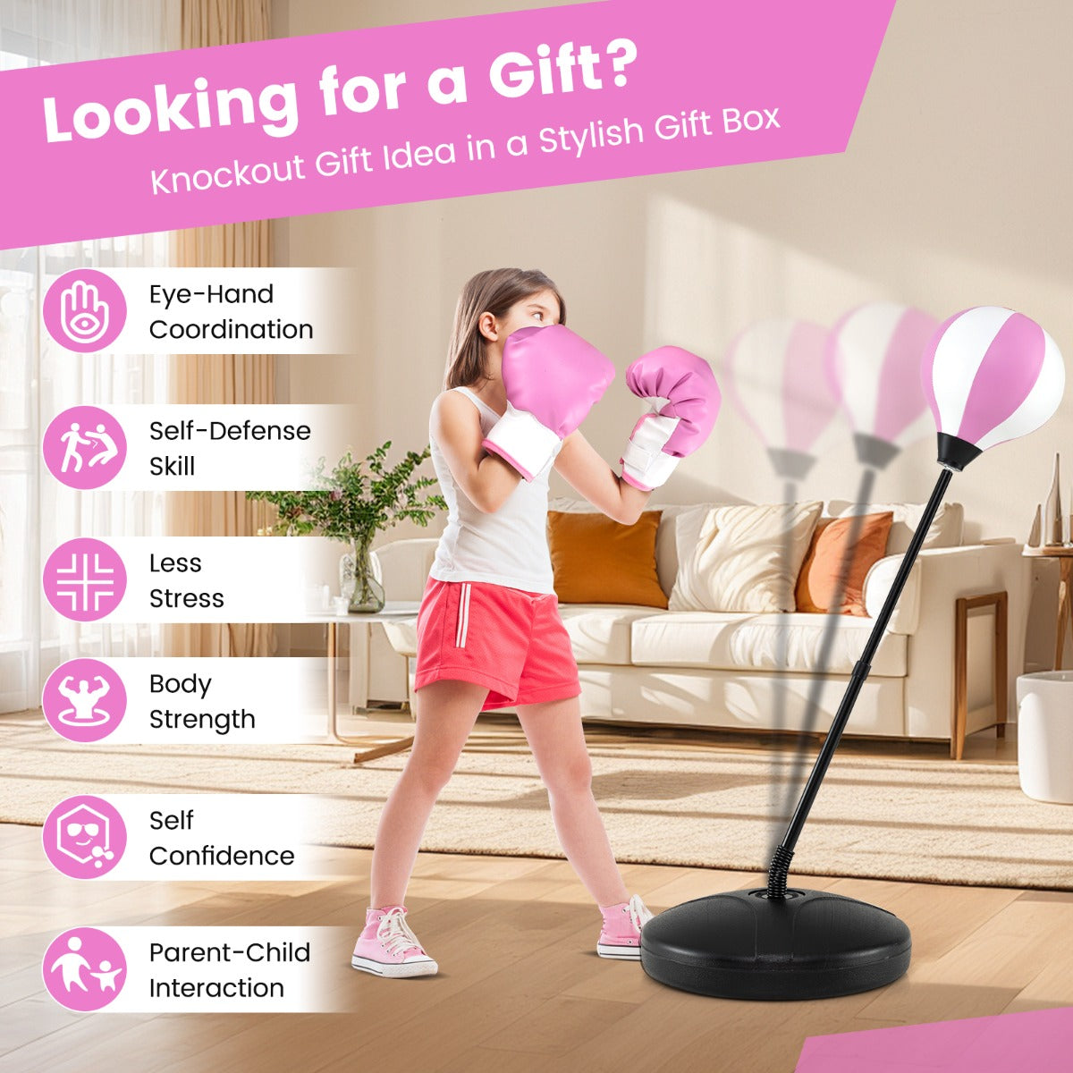 LIVSK Boksbal Set - Verstelbare Hoogte 81-123 cm - Stabiele Stand - Duurzaam en Lichtgewicht - Voor Kinderen - Roze