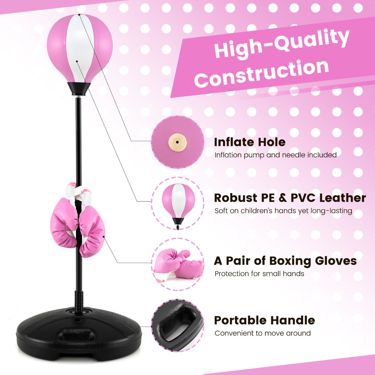 LIVSK Boksbal Set - Verstelbare Hoogte 81-123 cm - Stabiele Stand - Duurzaam en Lichtgewicht - Voor Kinderen - Roze