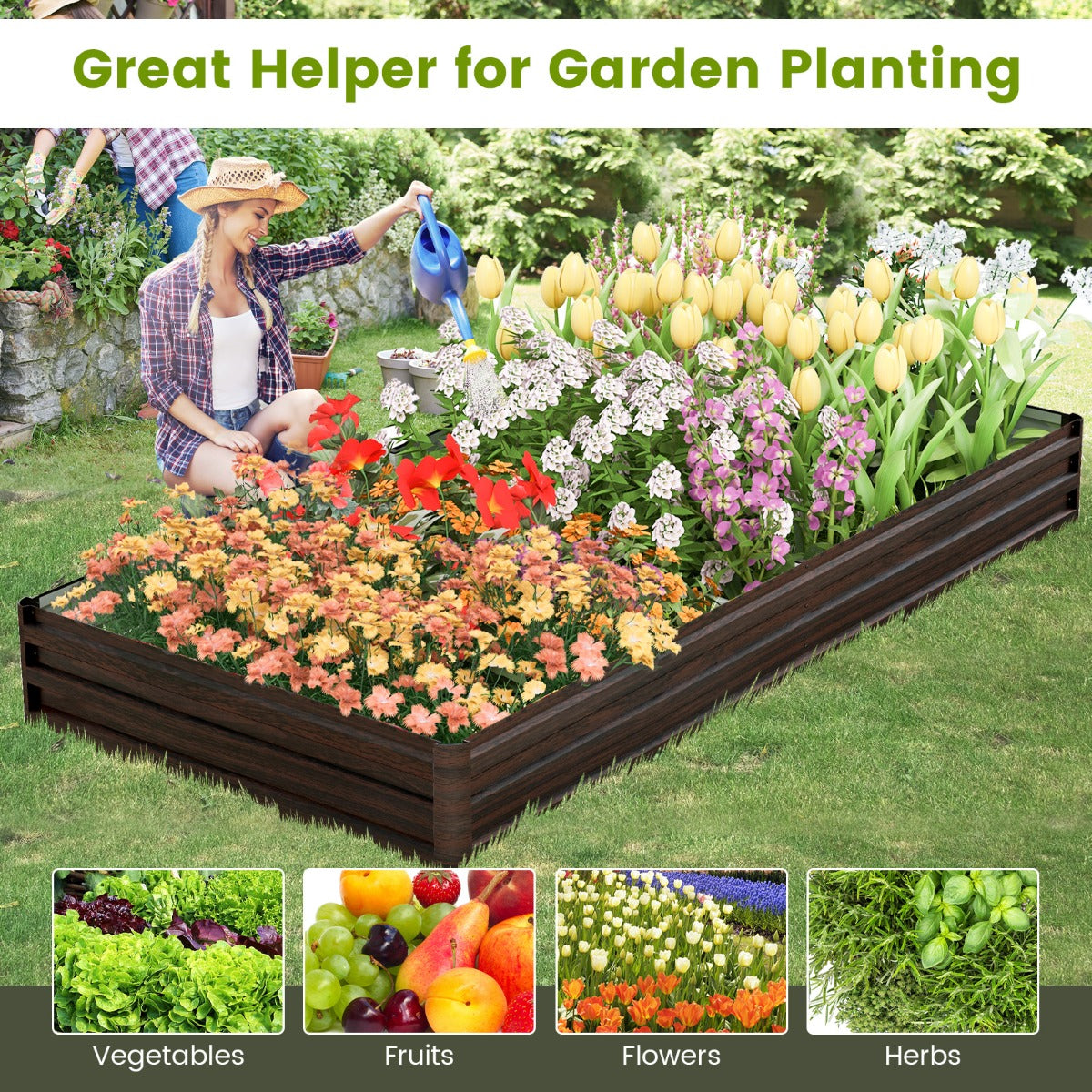 LIVSK Verhoogd Tuinbed - Weerbestendig Metaal - 240 x 120 x 30 cm - Voor Groenten en Bloemen - Open Basis - Koffie + Zilver