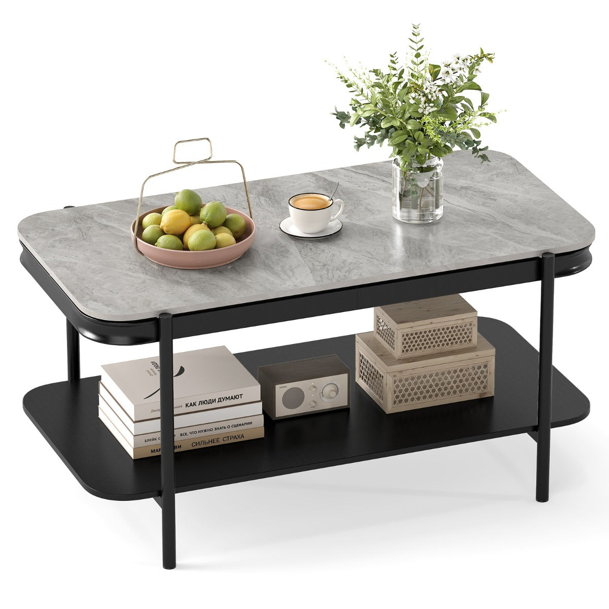 Livsk costway rechthoekige salontafel 2 traps salontafel met sintersteen oppervlak opbergvak moderne cocktailtafel salontafel met metalen frame