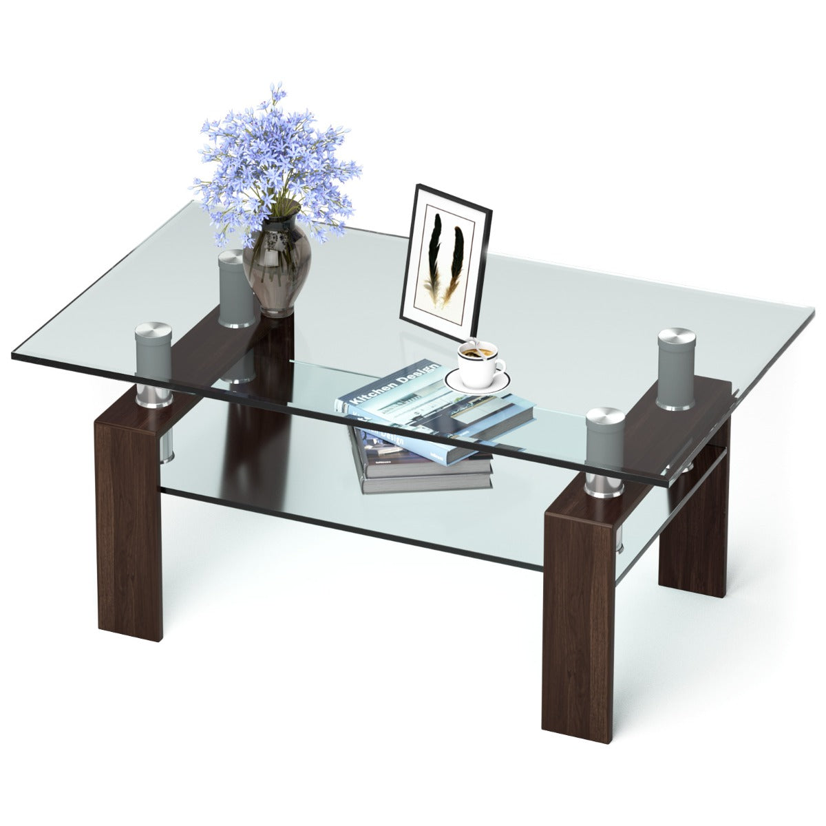 LIVSK Moderne Salontafel - Gehard Glas Blad - Metalen Poten - 2 Niveaus - Krasbestendig en Hittebestendig - Transparant en Bruin