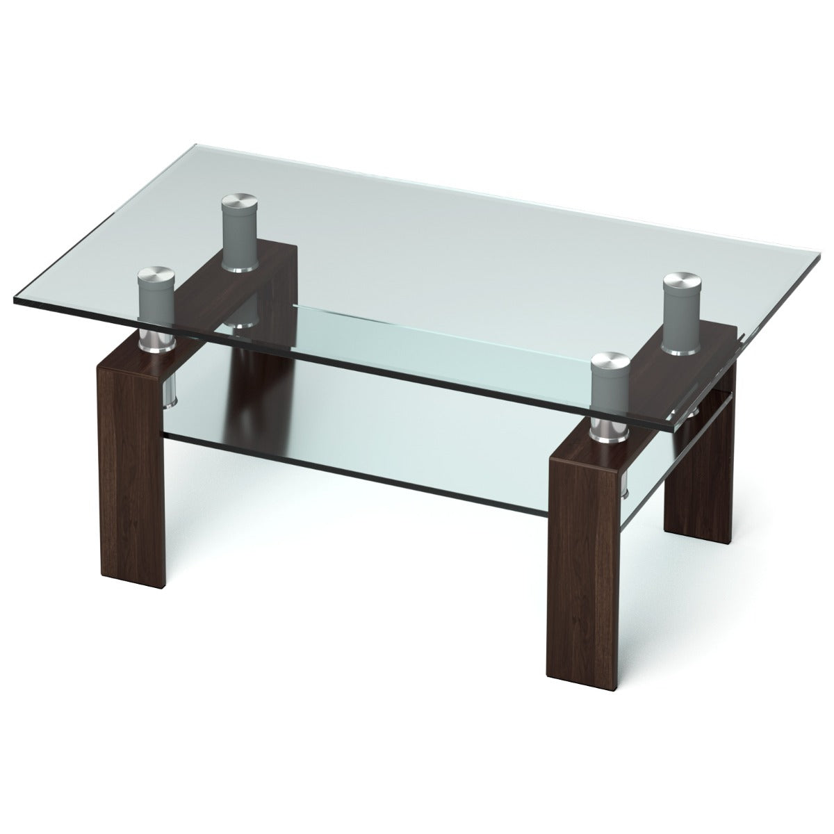 LIVSK Moderne Salontafel - Gehard Glas Blad - Metalen Poten - 2 Niveaus - Krasbestendig en Hittebestendig - Transparant en Bruin