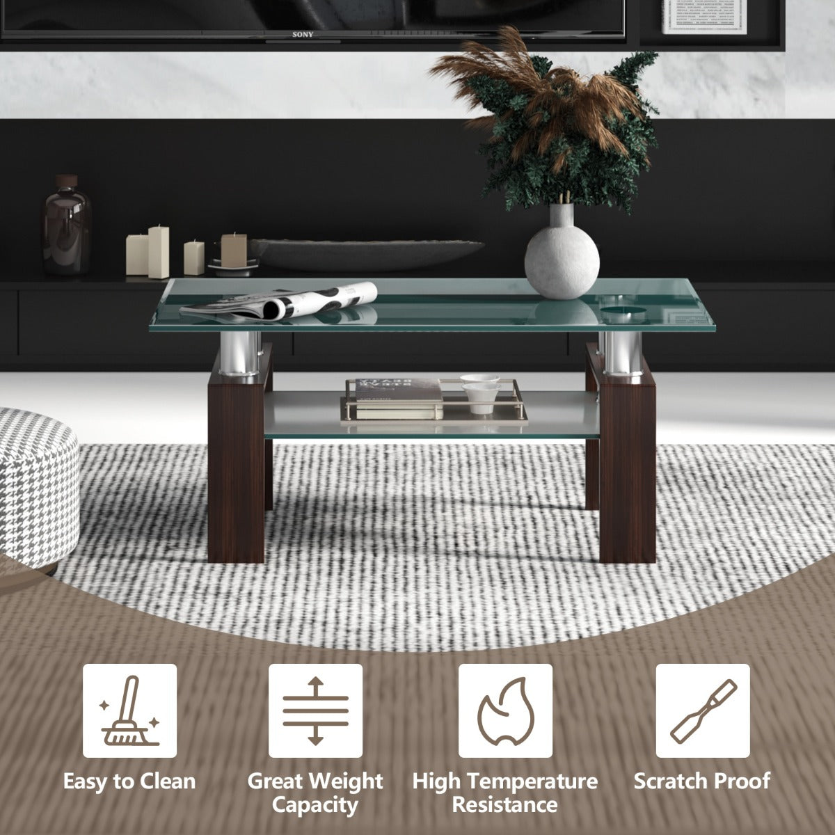 LIVSK Moderne Salontafel - Gehard Glas Blad - Metalen Poten - 2 Niveaus - Krasbestendig en Hittebestendig - Transparant en Bruin