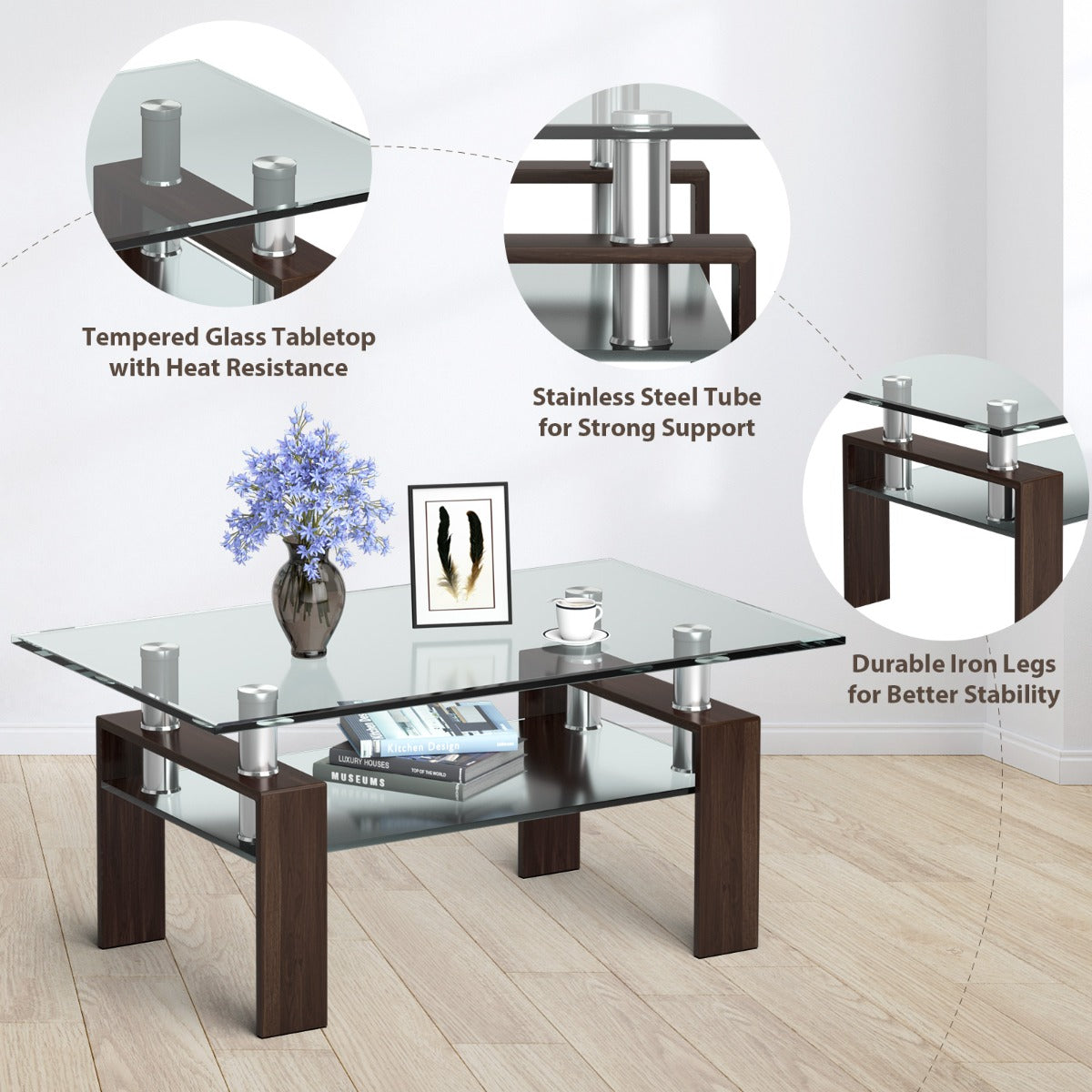 LIVSK Moderne Salontafel - Gehard Glas Blad - Metalen Poten - 2 Niveaus - Krasbestendig en Hittebestendig - Transparant en Bruin