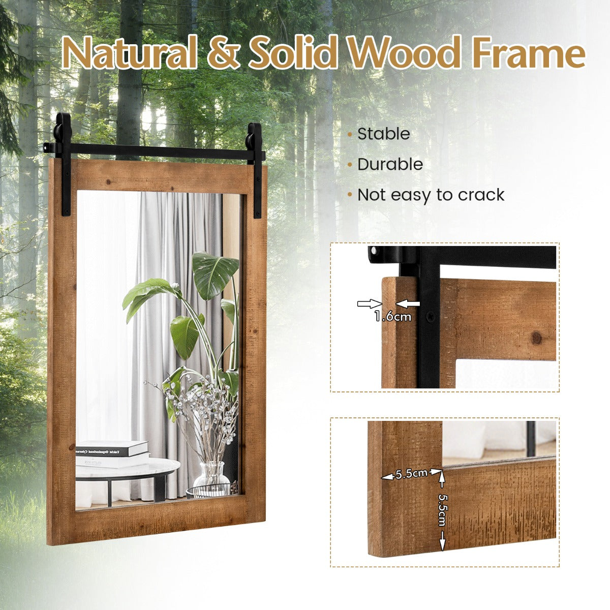 LIVSK Wandspiegel - Hoge Resolutie - Explosiebestendig - Massief Houten Frame - Rustieke Boerderijstijl - 76 x 56 cm - Bruin