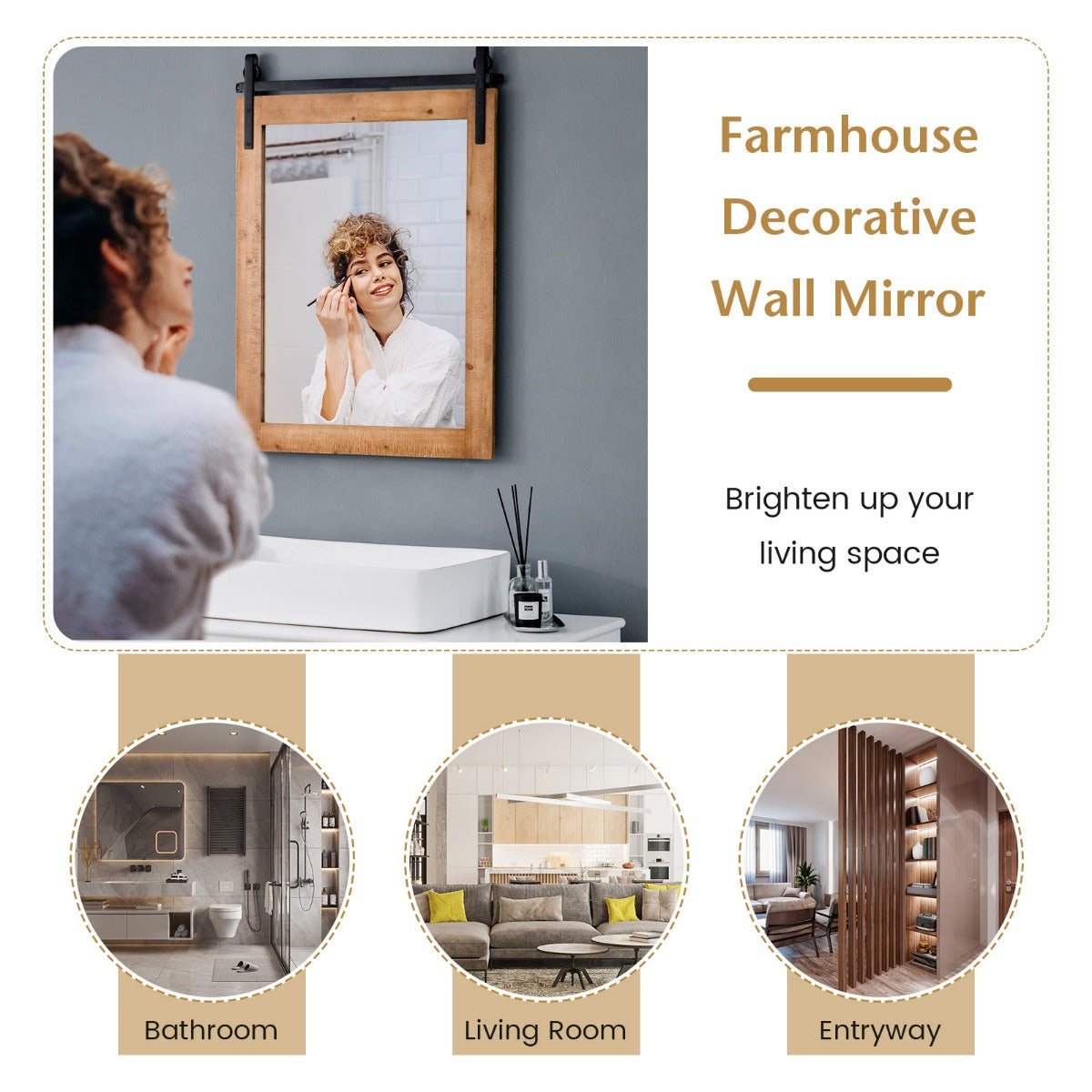 LIVSK Wandspiegel - Hoge Resolutie - Explosiebestendig - Massief Houten Frame - Rustieke Boerderijstijl - 76 x 56 cm - Bruin