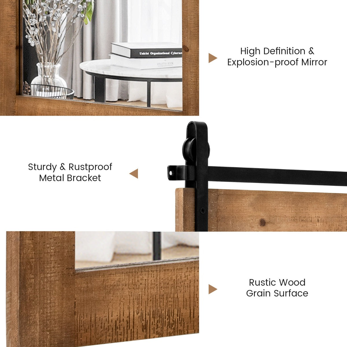 LIVSK Wandspiegel - Hoge Resolutie - Explosiebestendig - Massief Houten Frame - Rustieke Boerderijstijl - 76 x 56 cm - Bruin