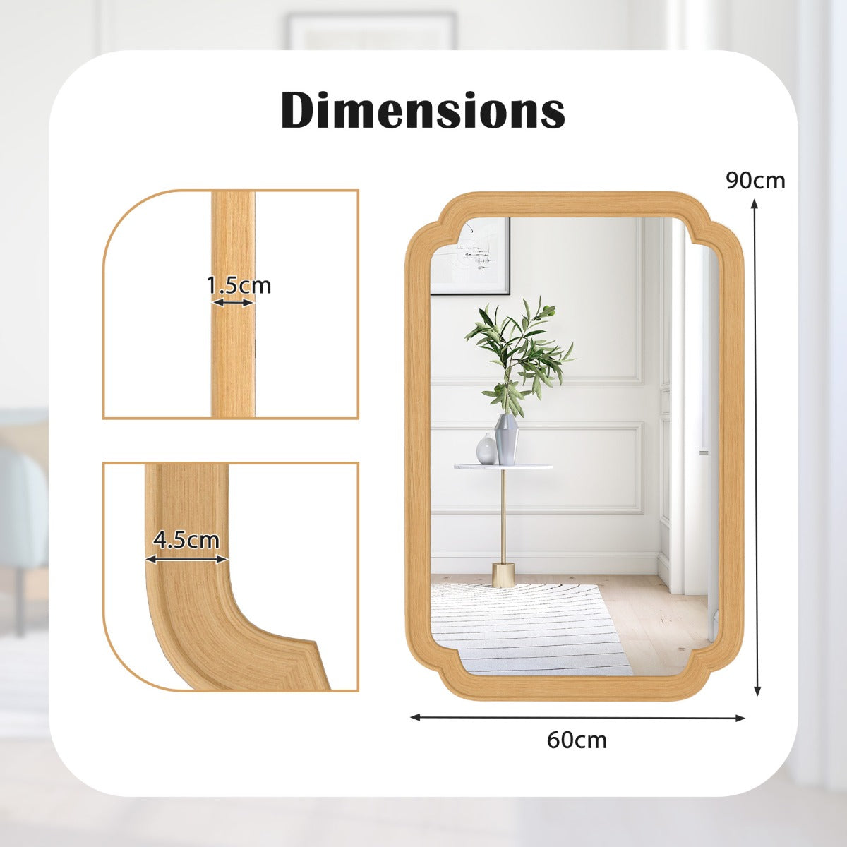 LIVSK Decoratieve Wandspiegel 90 x 60 cm - Rustieke Stijl - Hoogwaardige MDF-lijst - Flexibele Installatie - Natuurlijk