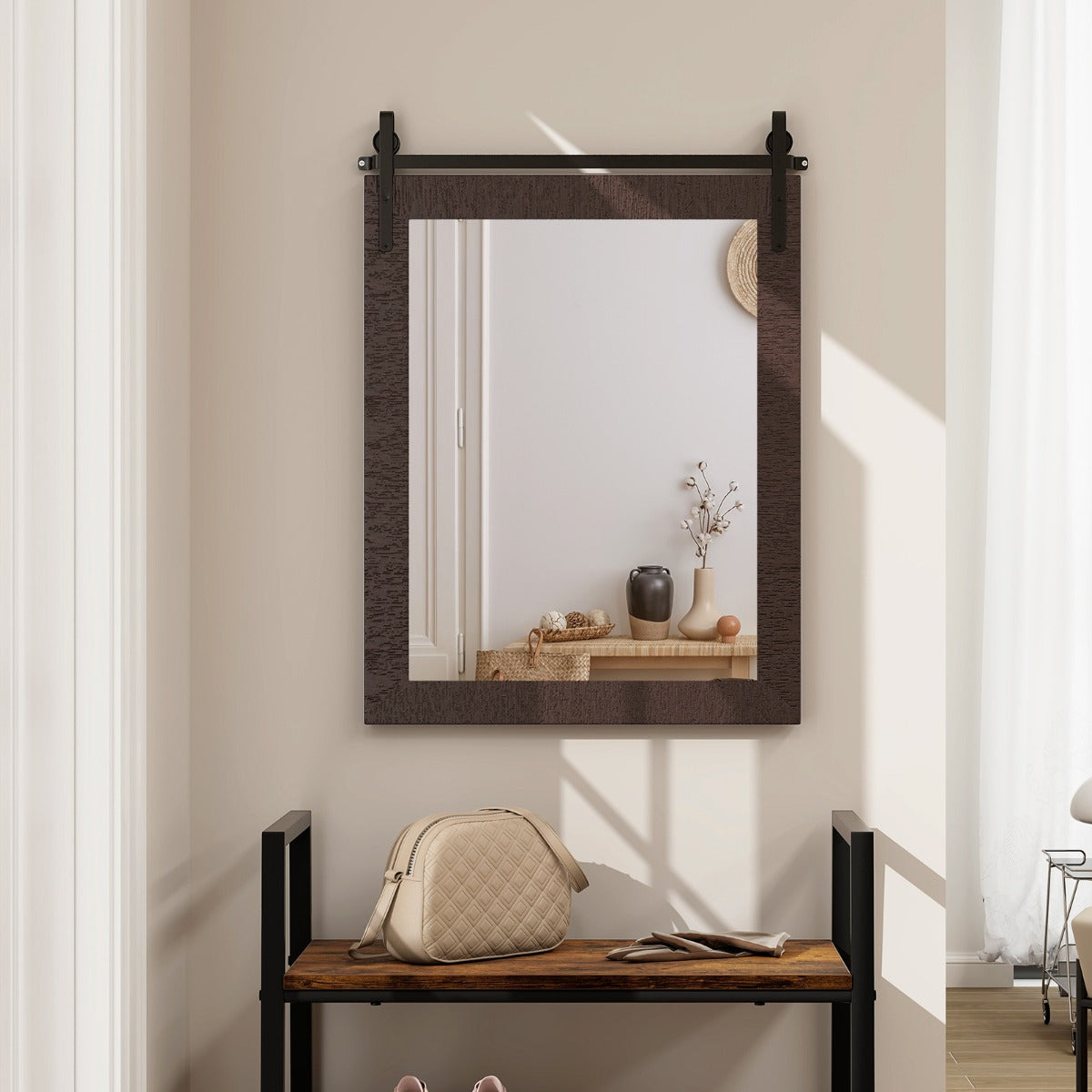 LIVSK Wandspiegel - Explosieveilig - Rechthoekig met Massief Houten Frame - 76 x 56 cm - Rustieke Stijl - Donkerbruin