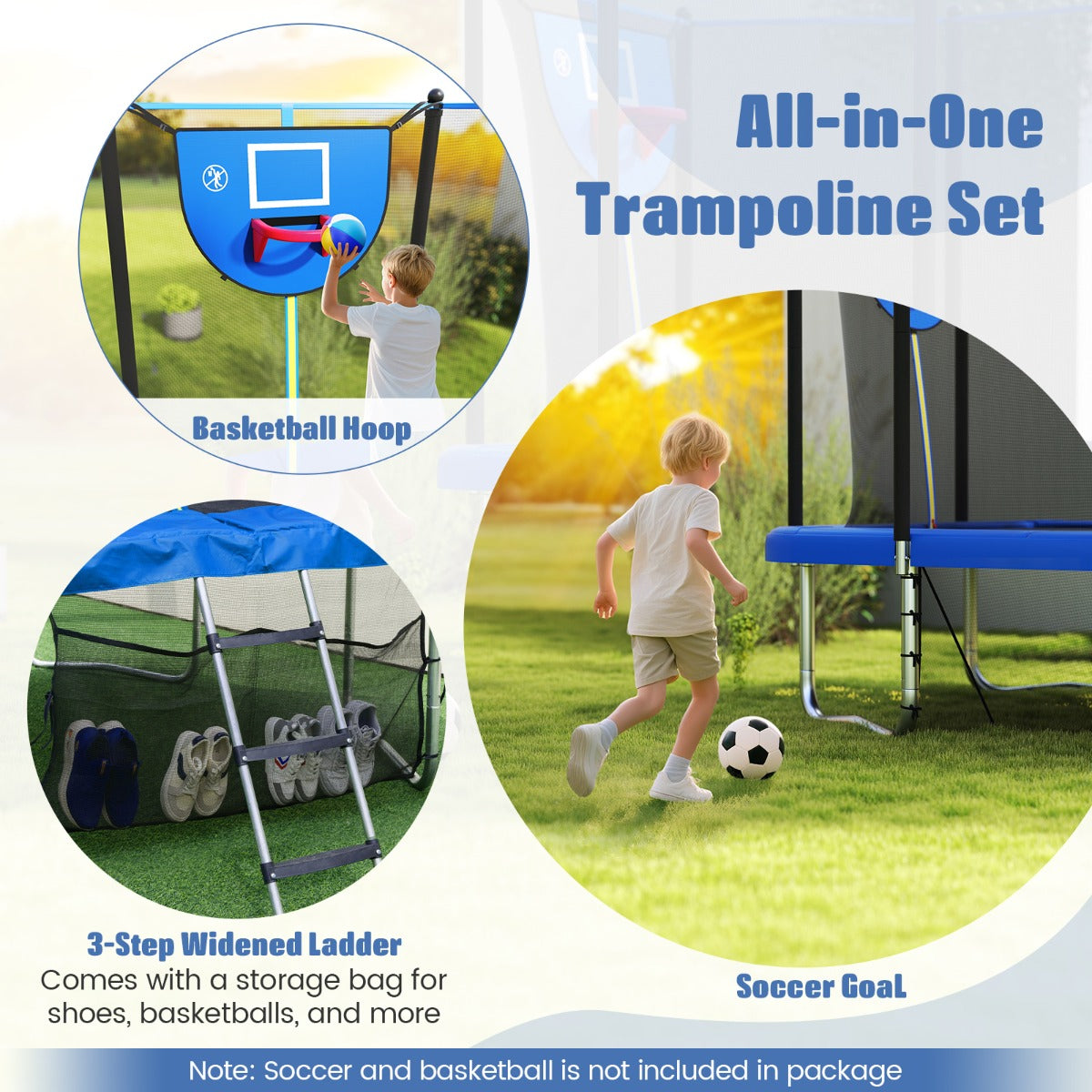 Livsk costway rechthoekige trampoline voor buiten 317 x 255 cm met basketbalring voetbaldoel antislip ladder veiligheidsnet en roestvrij stalen frame