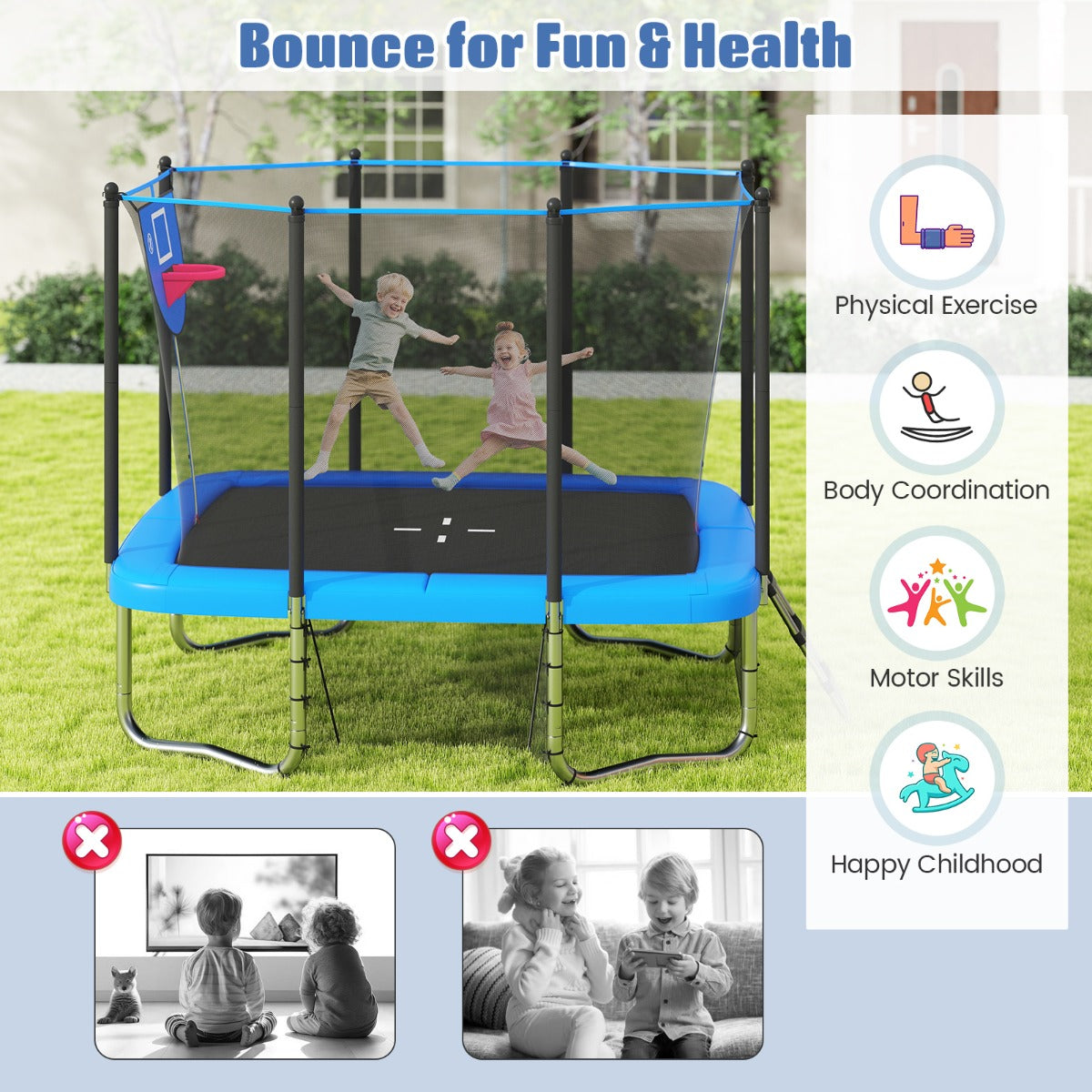 Livsk costway rechthoekige trampoline voor buiten 317 x 255 cm met basketbalring voetbaldoel antislip ladder veiligheidsnet en roestvrij stalen frame