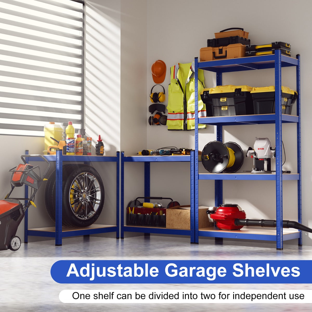 LIVSK Opbergrek - Verstelbare Hoogte - Tot 180 kg per Plank - Eenvoudige Montage - Voor Garage en Kantoor - Blauw