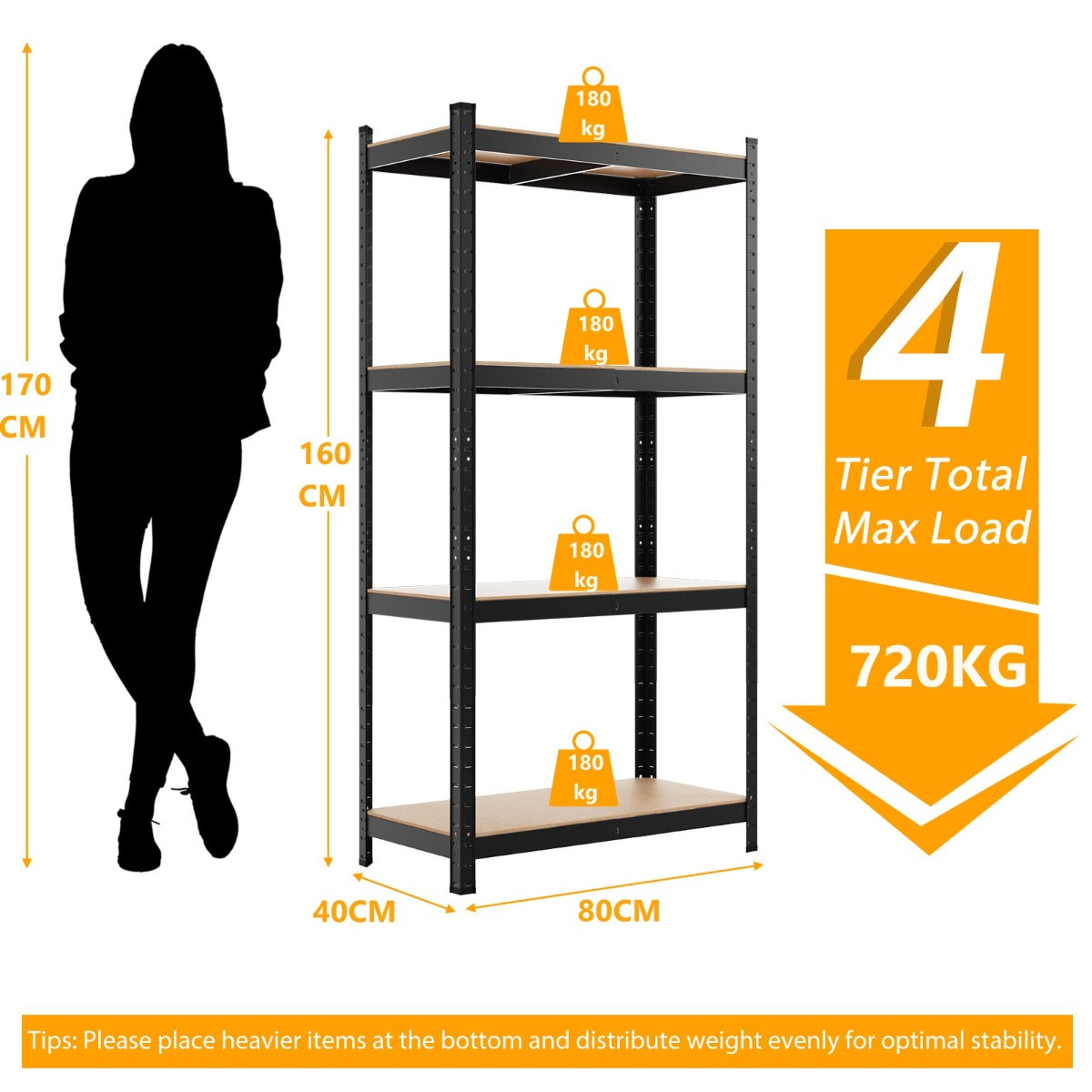 LIVSK Opbergrek - Verstelbare Hoogte - Belastbaar tot 180 kg per Plank - Multifunctioneel voor Garage en Kantoor - Zwart
