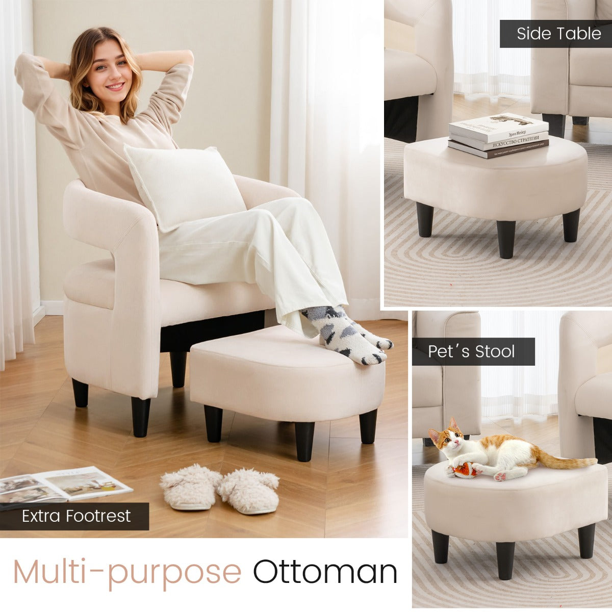 LIVSK Bontstoel en Poef Set - Ergonomisch Design met Ruim Zitvlak - Massief Houten Frame - Voor Kleine Ruimtes - Beige
