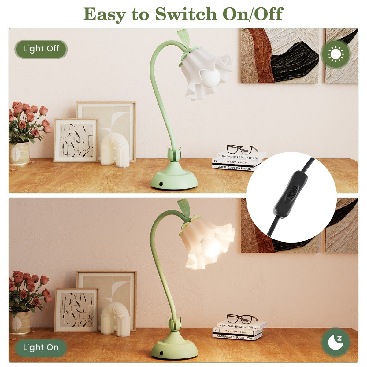 Livsk costway retro bedlamp met lelietjes van dalen acryl lampenkap en verstelbare lampenpaal 5