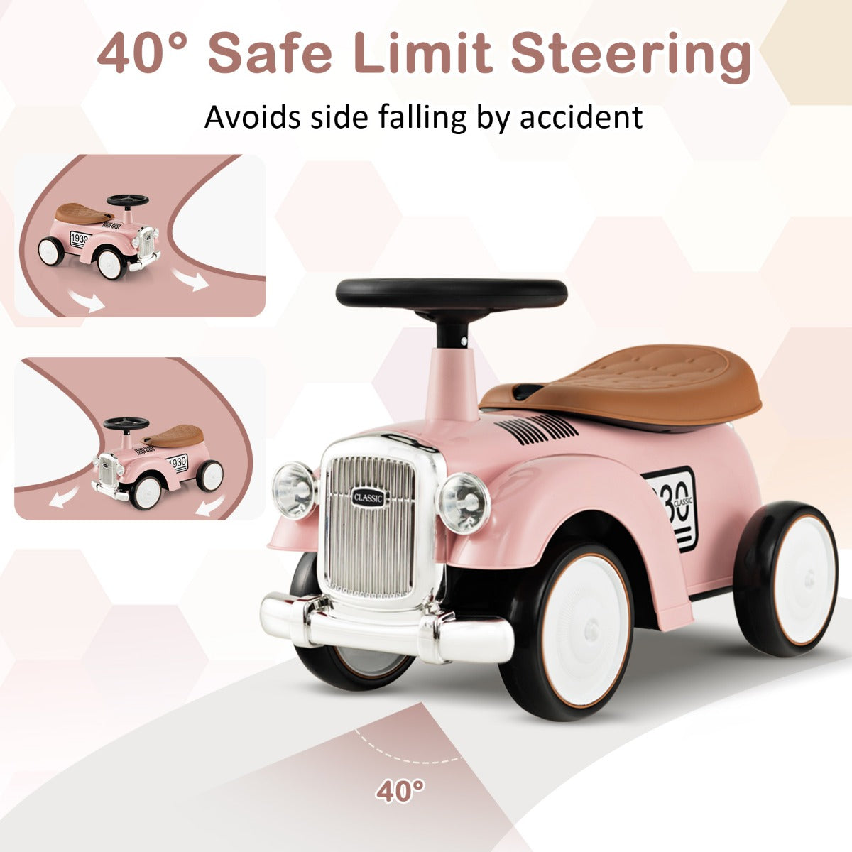 LIVSK Retro Kinder Ride-on Auto - Veilig Stuurwiel - Ergonomische Zitting met Opbergruimte - EVA-wielen - Tot 25 kg - Roze