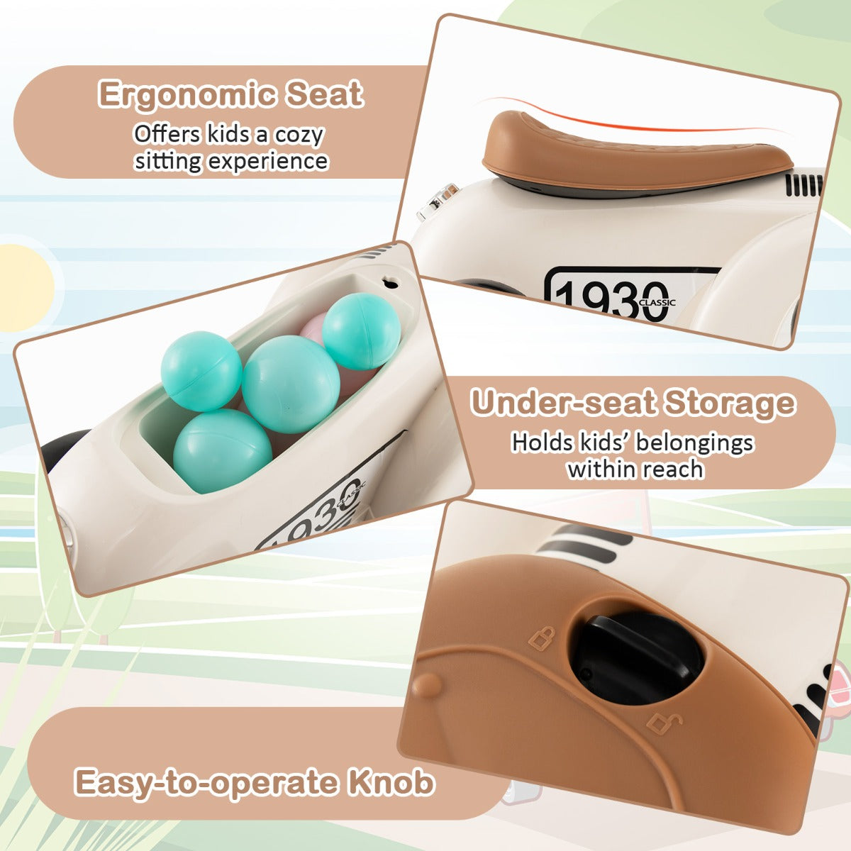 LIVSK Kinder Ride-On Auto - Ergonomisch Stuur - Opbergruimte - EVA Wielen - Voor 18-36 maanden - Wit