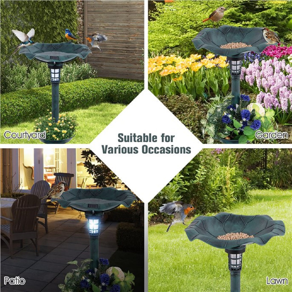 LIVSK Vogelbad met Solarverlichting - Multifunctioneel met LED-licht - Geribbelde schaal - Weerbestendig PP-materiaal - 43 x 43 x