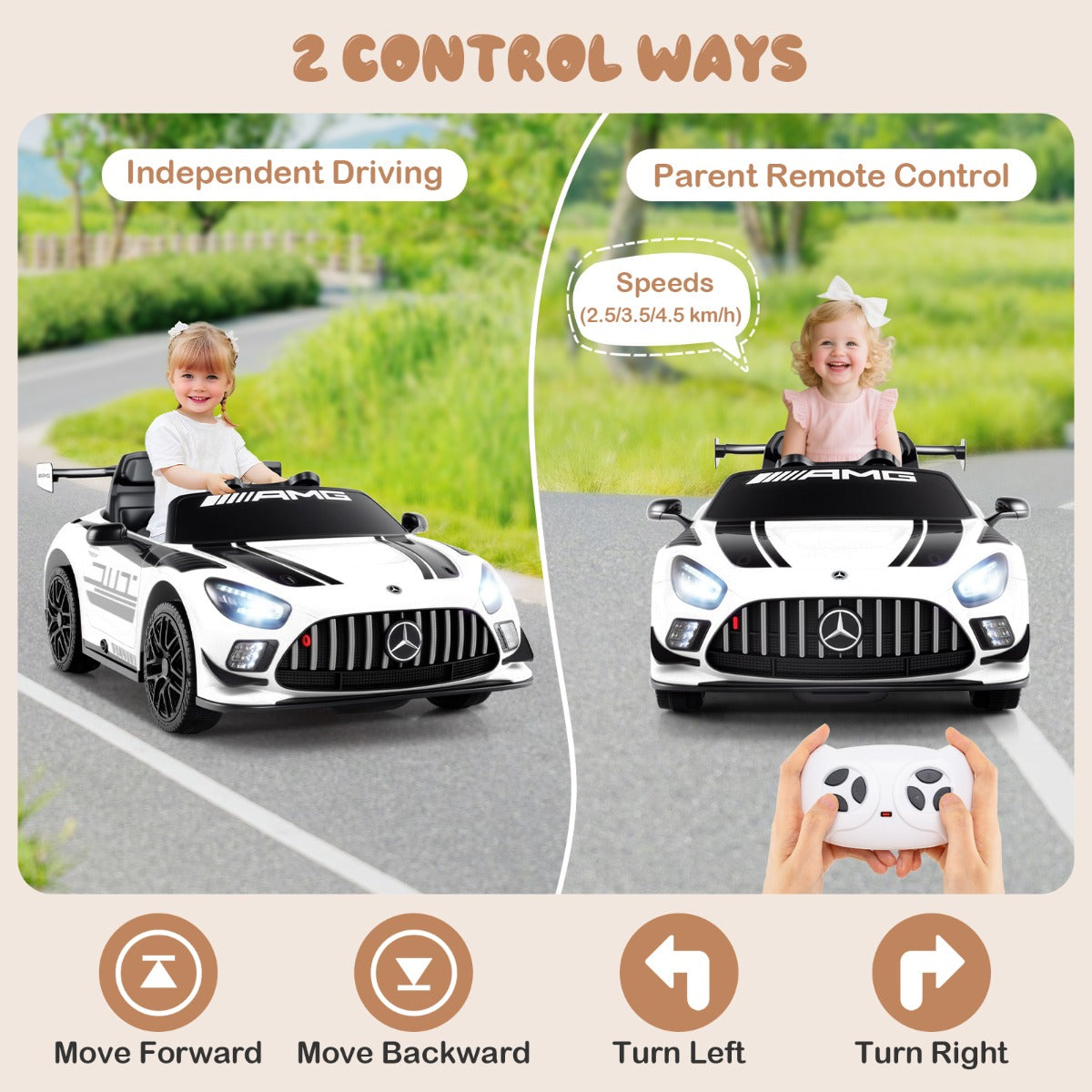 LIVSK Elektrische Kinderauto Mercedes-AMG GT3 - Afstandsbediening - 2 Besturingsmodi - Muziek - Voor Kinderen vanaf 3 jaar - Wit