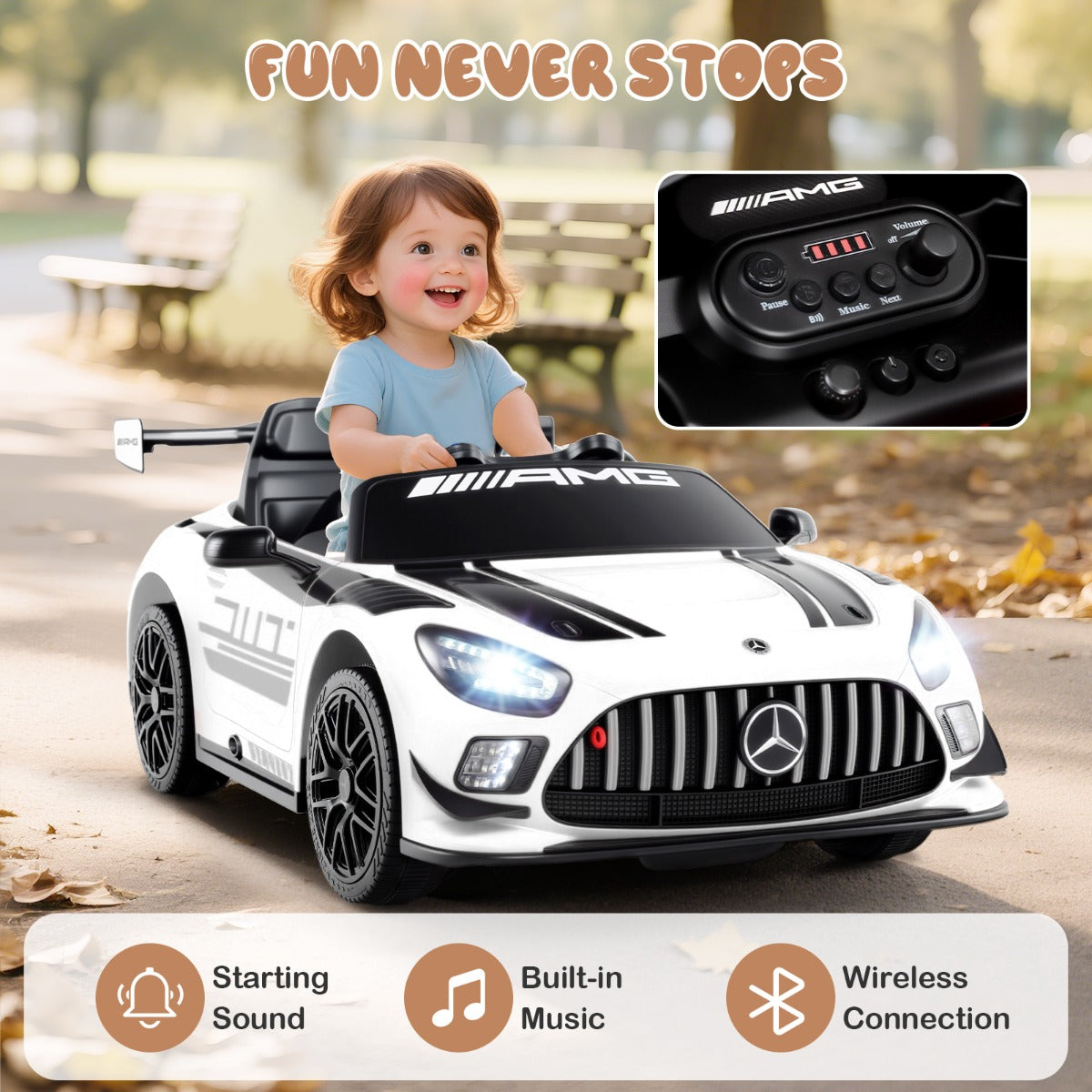 LIVSK Elektrische Kinderauto Mercedes-AMG GT3 - Afstandsbediening - 2 Besturingsmodi - Muziek - Voor Kinderen vanaf 3 jaar - Wit