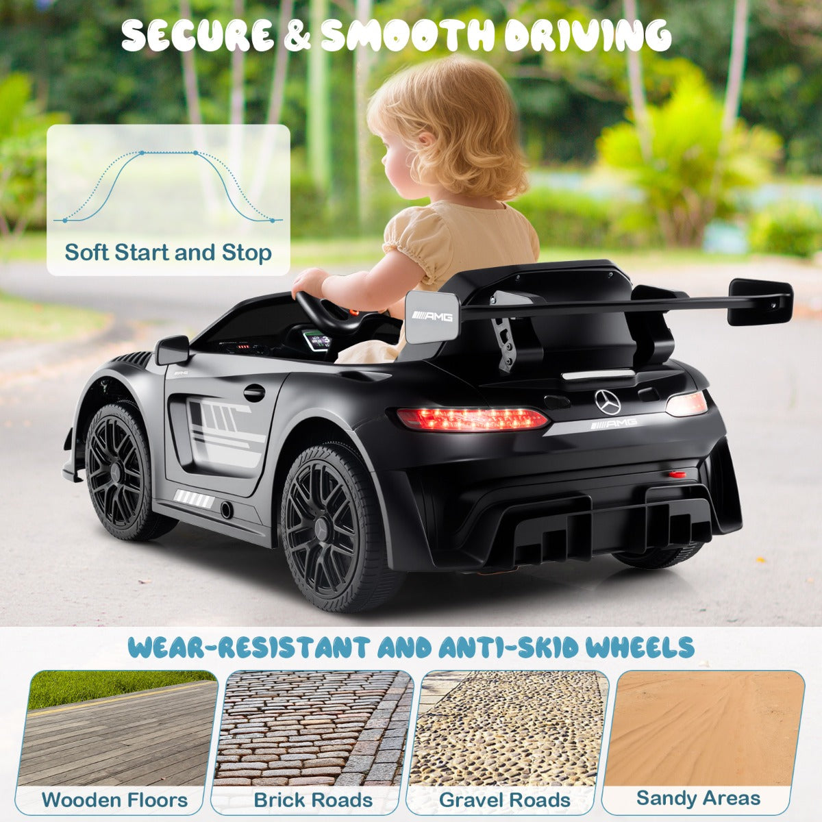 LIVSK Elektrische Kinderauto Mercedes-AMG GT3 - Afstandsbediening - 3 Snelheden - Veiligheidsgordel - Tot 25 kg - Zwart