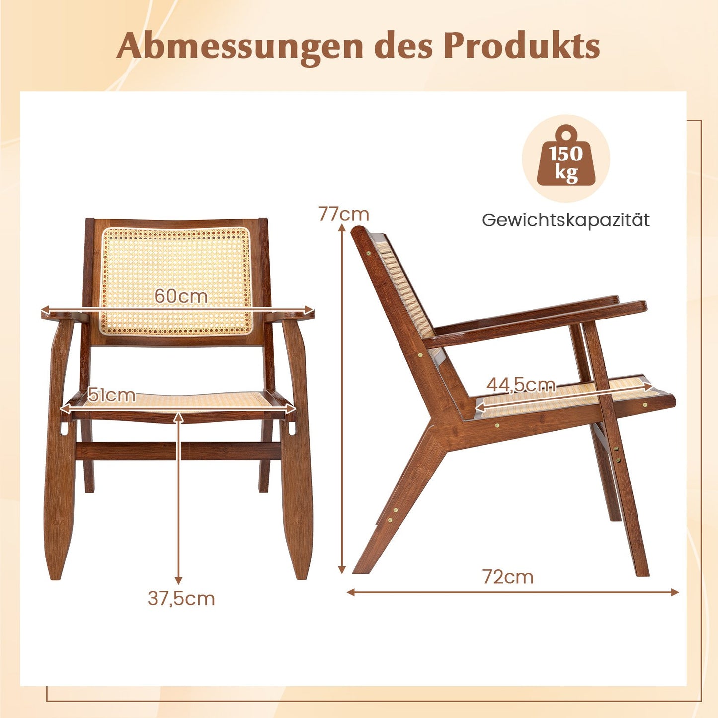 LIVSK Boho Rattan Accentstoel - Ergonomische Rugleuning - Bamboe Frame - Tot 150 kg - Zithoogte 37,5 cm - Naturel