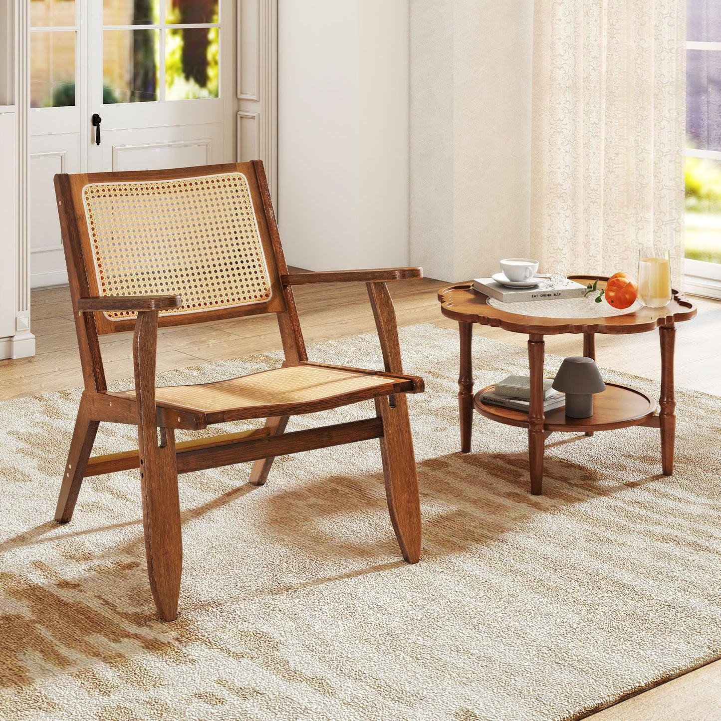 LIVSK Boho Rattan Accentstoel - Ergonomische Rugleuning - Bamboe Frame - Tot 150 kg - Zithoogte 37,5 cm - Naturel