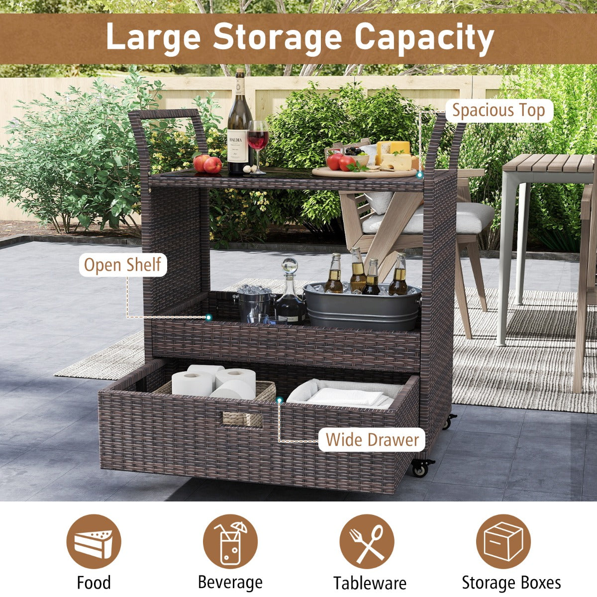 Livsk costway rieten barwagen voor buiten roltafel met plateau van gehard glas open plank en grote lade