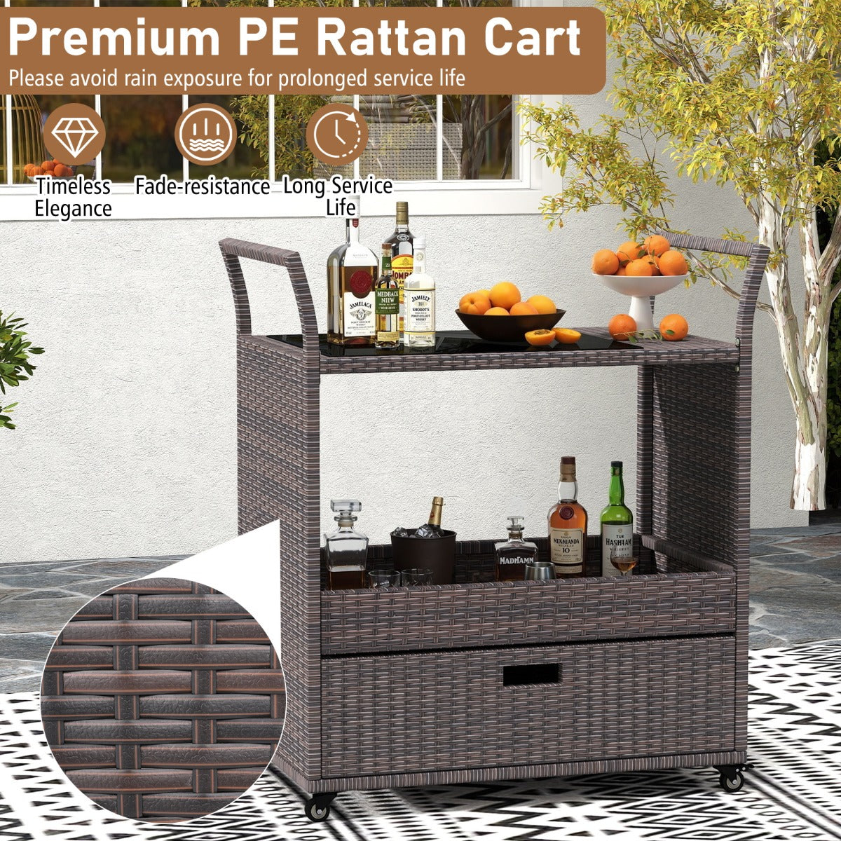 Livsk costway rieten barwagen voor buiten roltafel met plateau van gehard glas open plank en grote lade