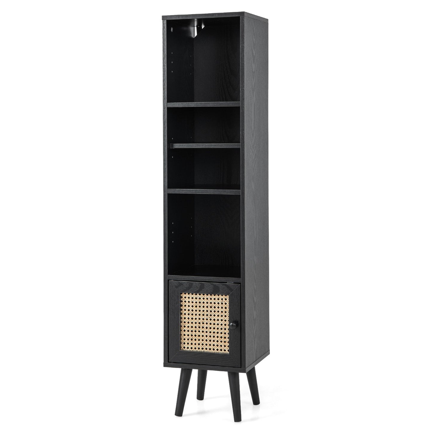 LIVSK Hoge Kast - Boho Ontwerp met Rieten Deur - 3 Open Vakken - Verstelbare Plank - Stevige Constructie - Zwart