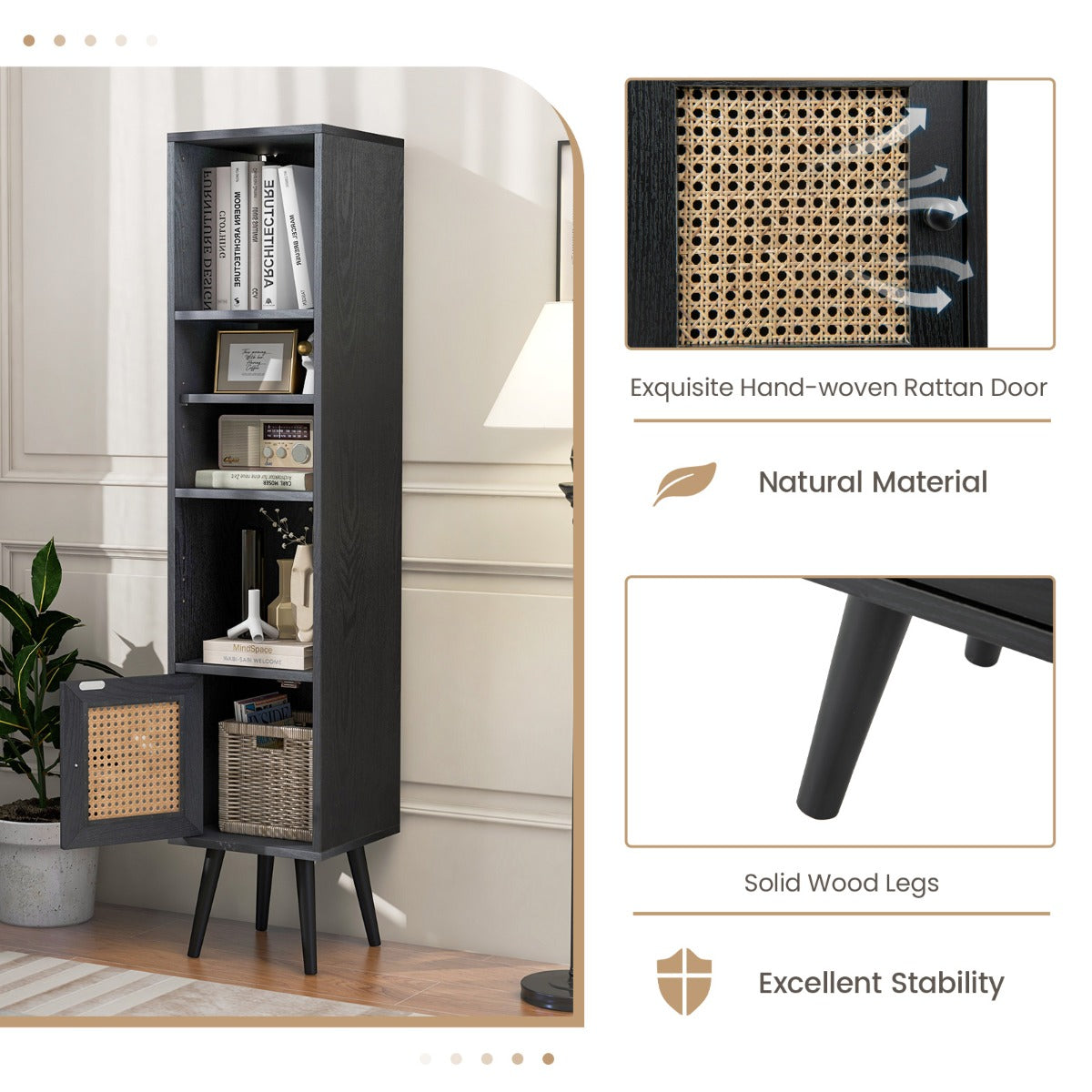 LIVSK Hoge Kast - Boho Ontwerp met Rieten Deur - 3 Open Vakken - Verstelbare Plank - Stevige Constructie - Zwart