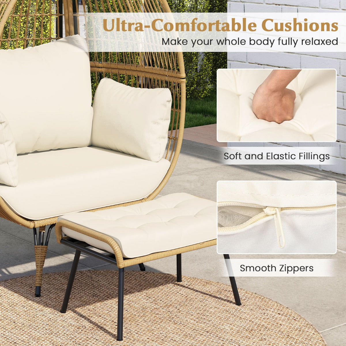 LIVSK Loungefauteuil en Ottoman Set - Extra Groot - Robuuste X-vormige Structuur - Voor Binnen en Buiten - Lichtbruin