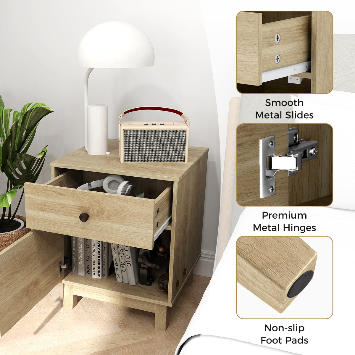 LIVSK Rieten Nachttafel - Handgeweven Kastdeur - Massief Houten Poten - Ruime Lade en Kast - Stabiliteit met Antislip - Natuurlijk