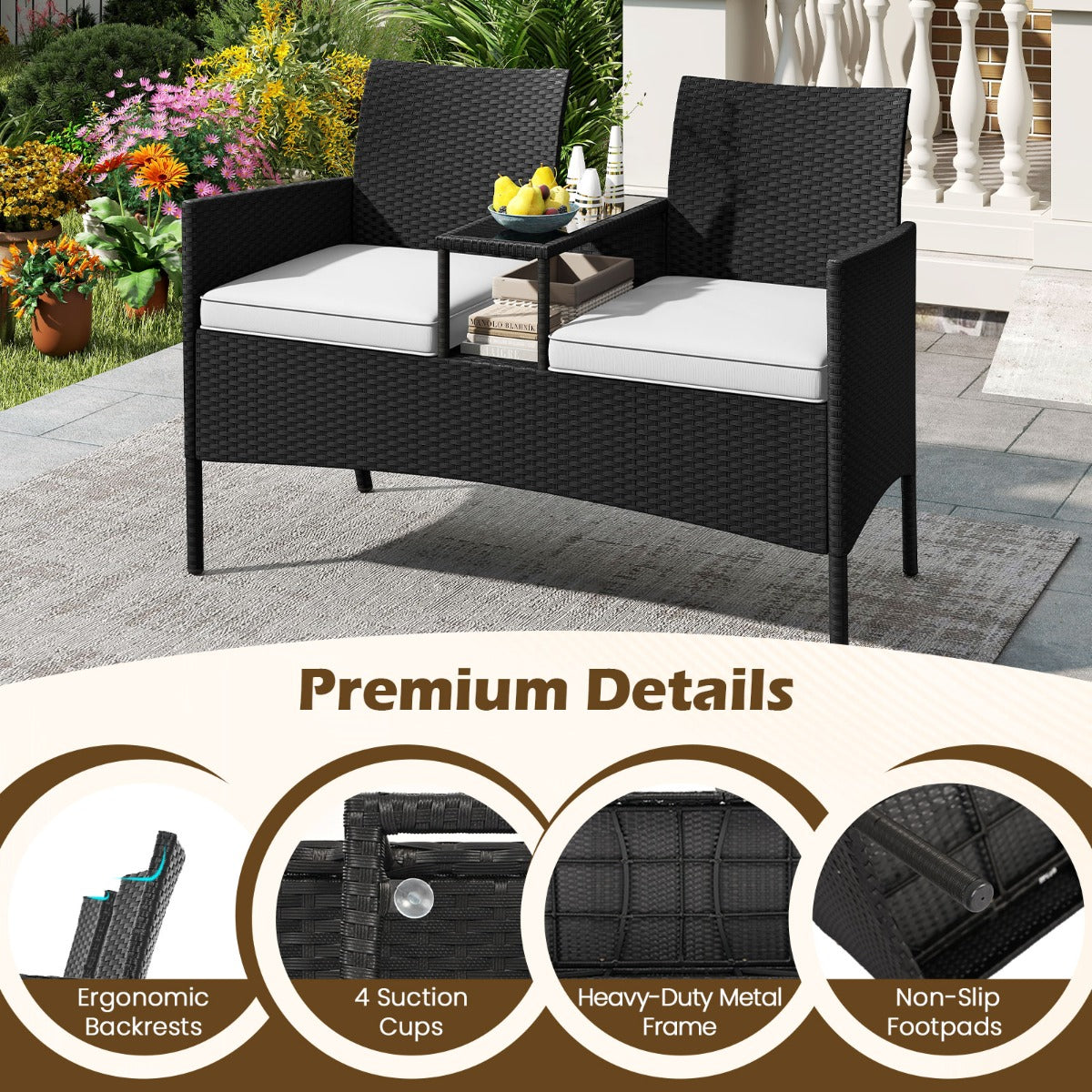 LIVSK Ergonomische Patioset met Geïntegreerde Salontafel - Duurzaam PE-Rotin - Zachte Kussens - Voor Terras en Tuin - Zwart/Wit