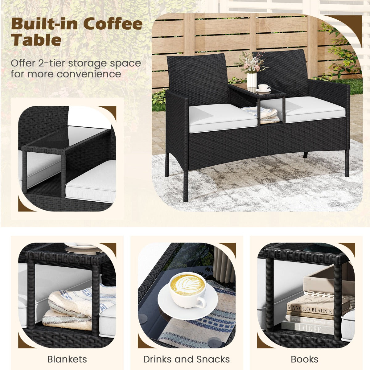 LIVSK Ergonomische Patioset met Geïntegreerde Salontafel - Duurzaam PE-Rotin - Zachte Kussens - Voor Terras en Tuin - Zwart/Wit
