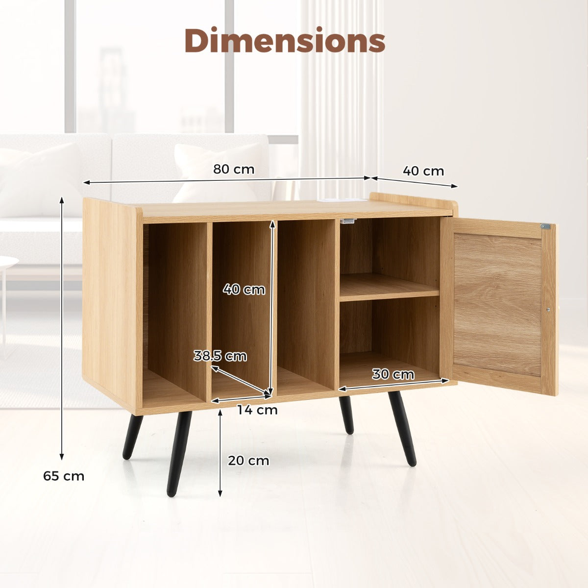 LIVSK Platenspelerstandaard met Oplaadstation - Ruimte voor 220 Platen - Natuurlijke Rotanlook - Kabelmanagement - 80 x 40 x 65