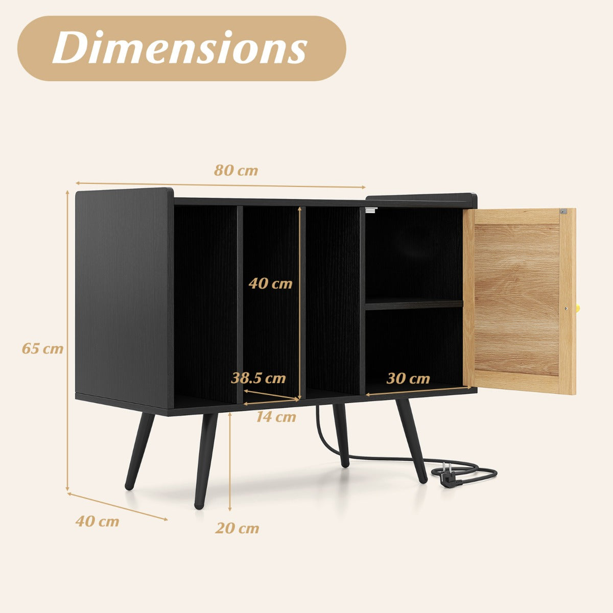 LIVSK Draaitafelstandaard met Oplaadstation - Vinylopslag voor 220 Platen - Kabelmanagement - Stabiel Design - 80 x 40 x 65 cm -