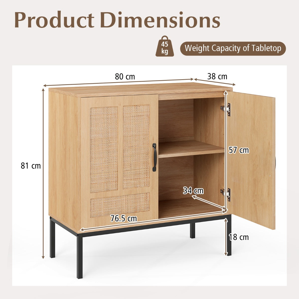 LIVSK Buffetkast met Rattan Deuren - 3-voudig Verstelbaar Rek - Robuuste Constructie - Tot 113 kg - Boho Stijl - Natuurlijk