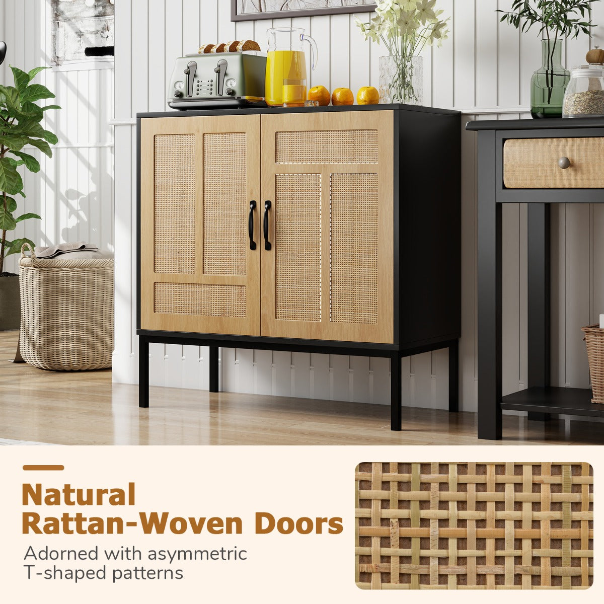 LIVSK Buffetkast met Rattan Deuren - Verstelbaar Rek - Robuuste Constructie - Inclusief Kantelbeveiliging - 80 x 38 x 81 cm -