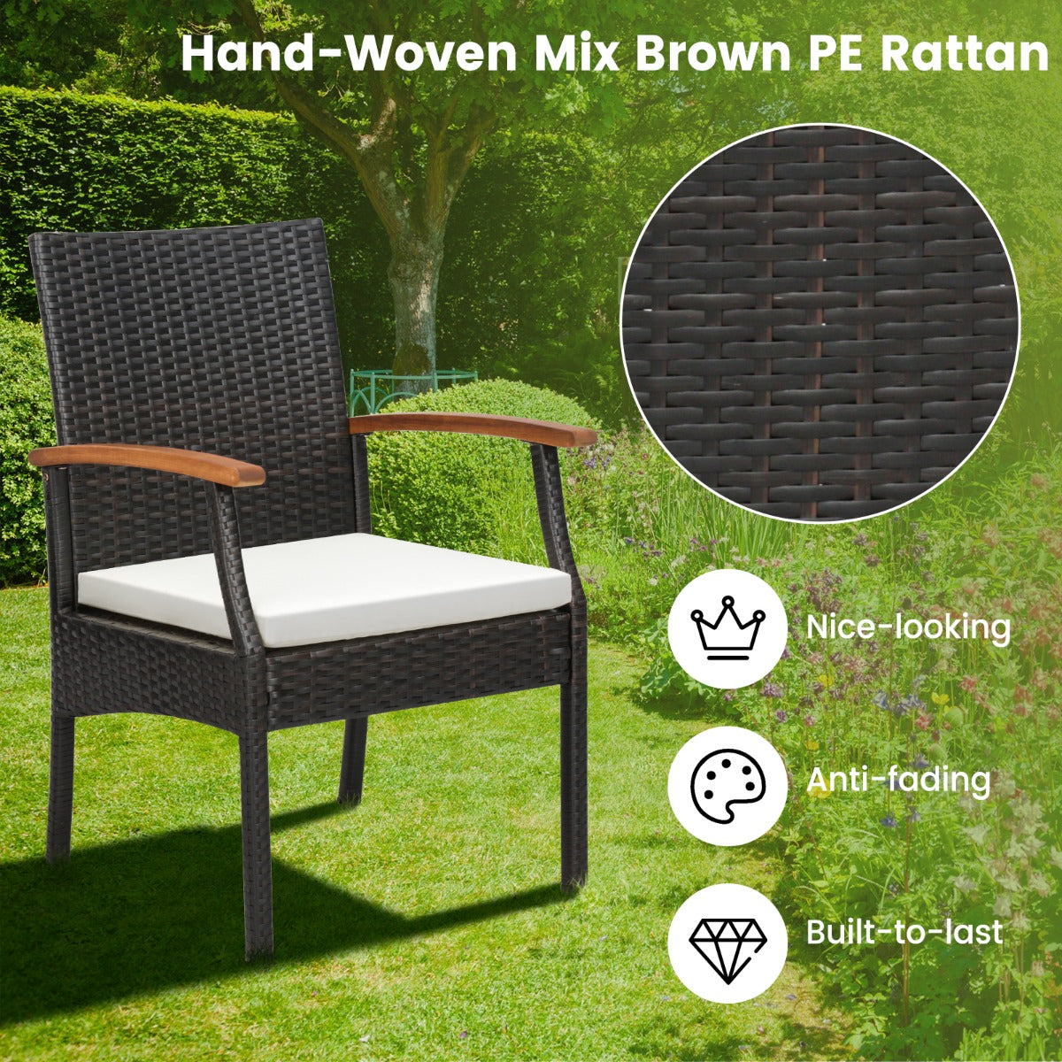 LIVSK Rieten Terrasstoelenset van 2 - Ergonomisch Comfort - Zachte Wasbare Kussens - Stabiel Metalen Frame - Gemengd bruin